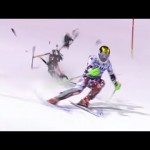 Drone valt bijna op skiër