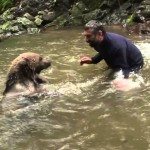 Man knuffelt en kust beer