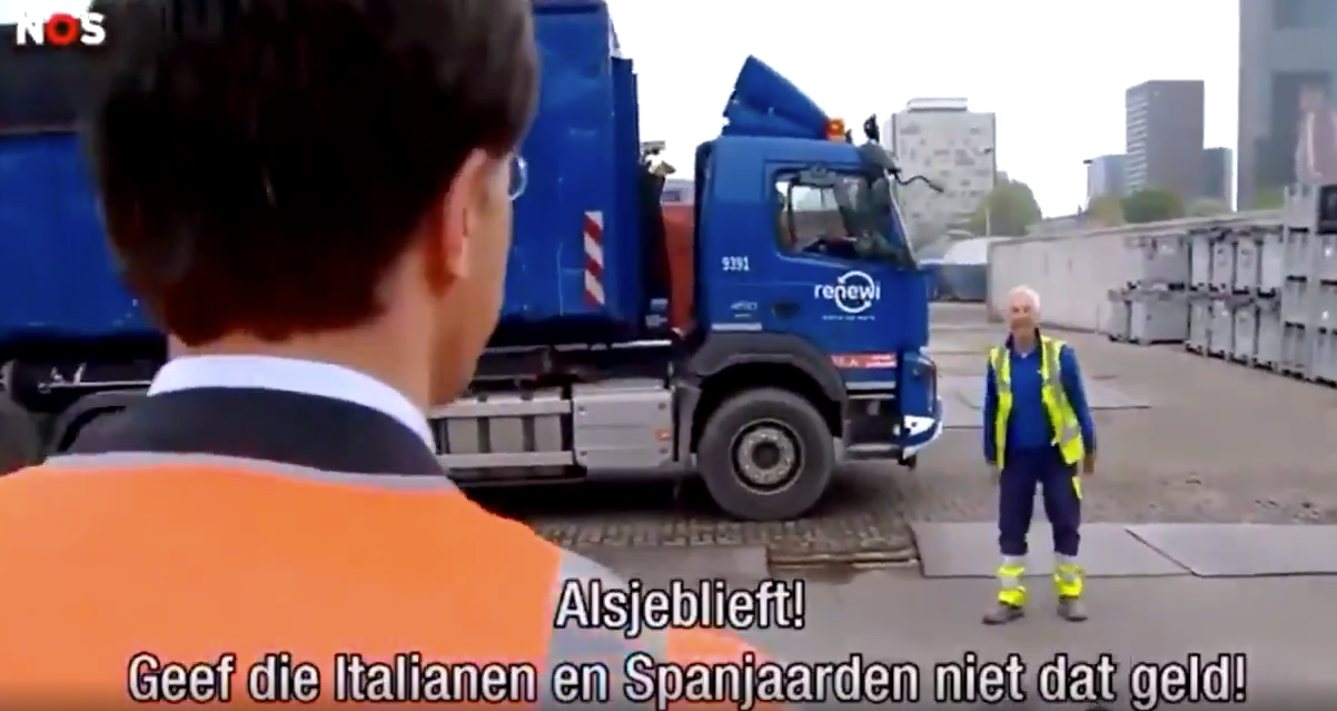 Mark Rutte in gesprek met vuilnisophaler